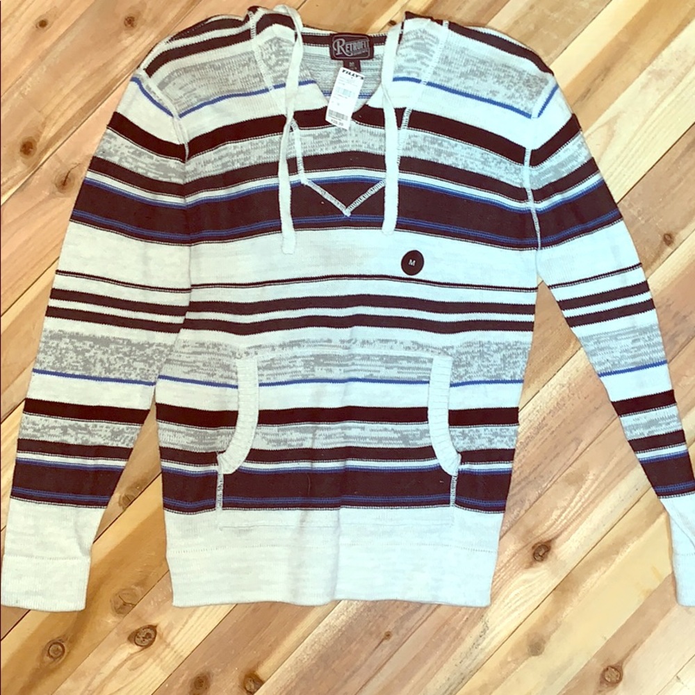 Retrofit sweater with front pocket and hood.